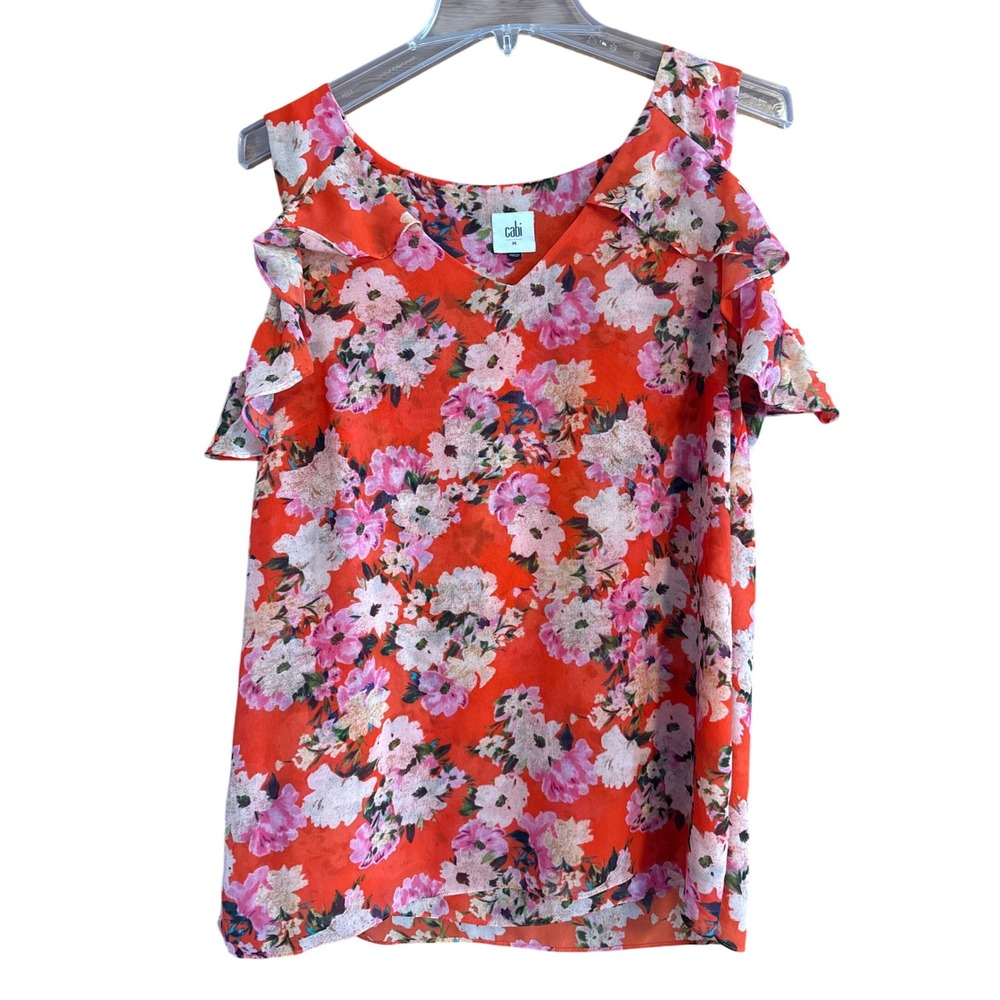 Cabi Womens Orange Floral Cold Shoulder Ruffle V Neck Blouse Top Size M